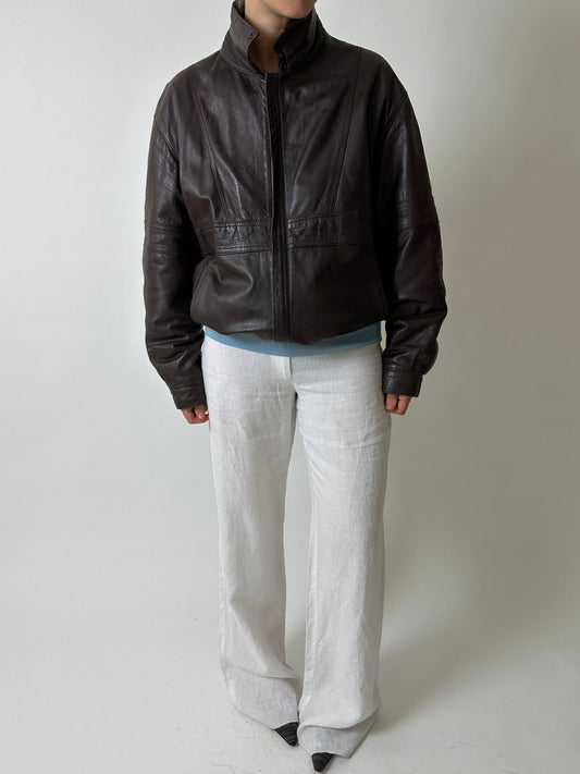 Leather bomber jacket | Dark brown