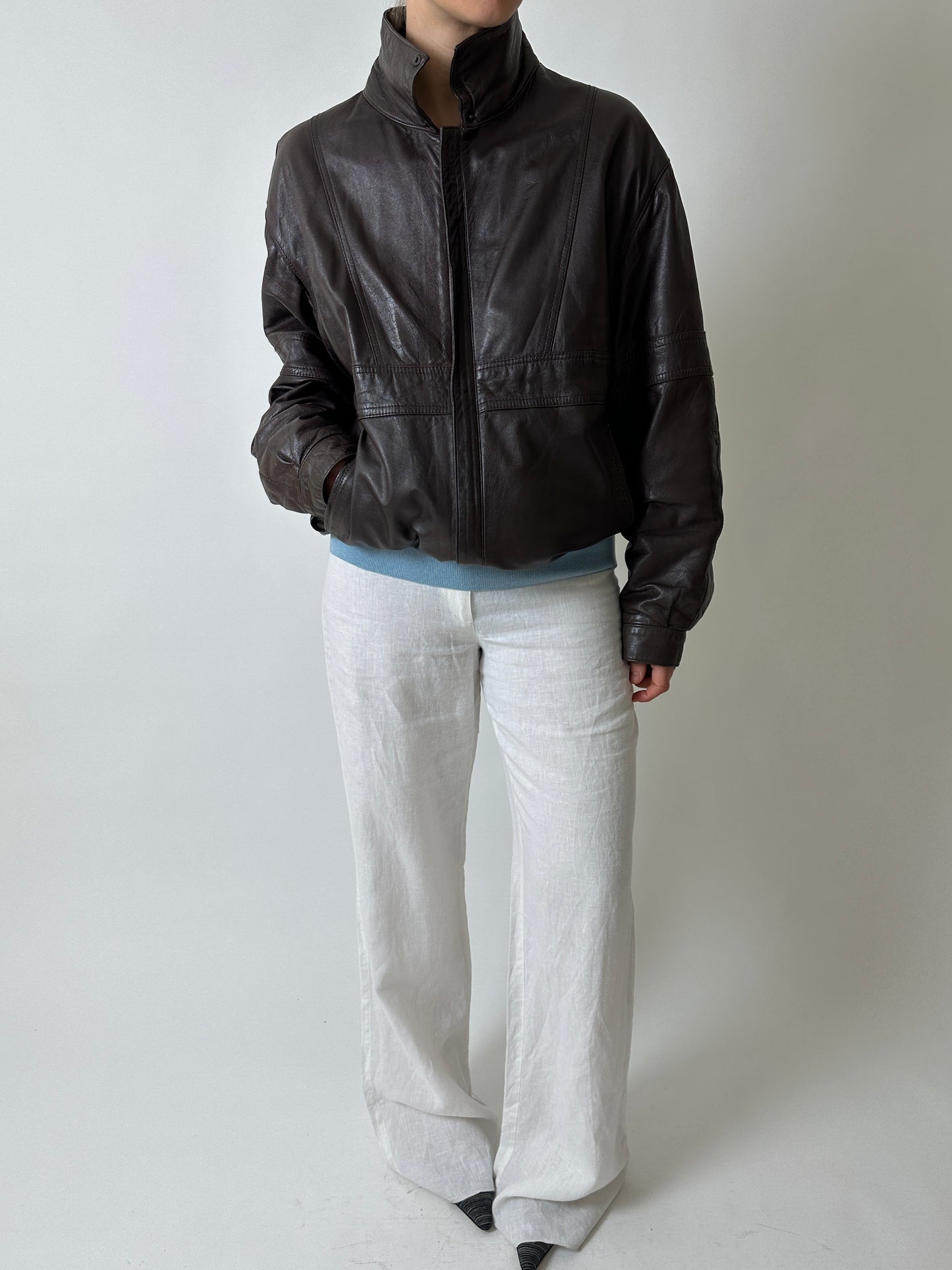 Leather bomber jacket | Dark brown