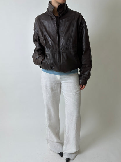 Leather bomber jacket | Dark brown