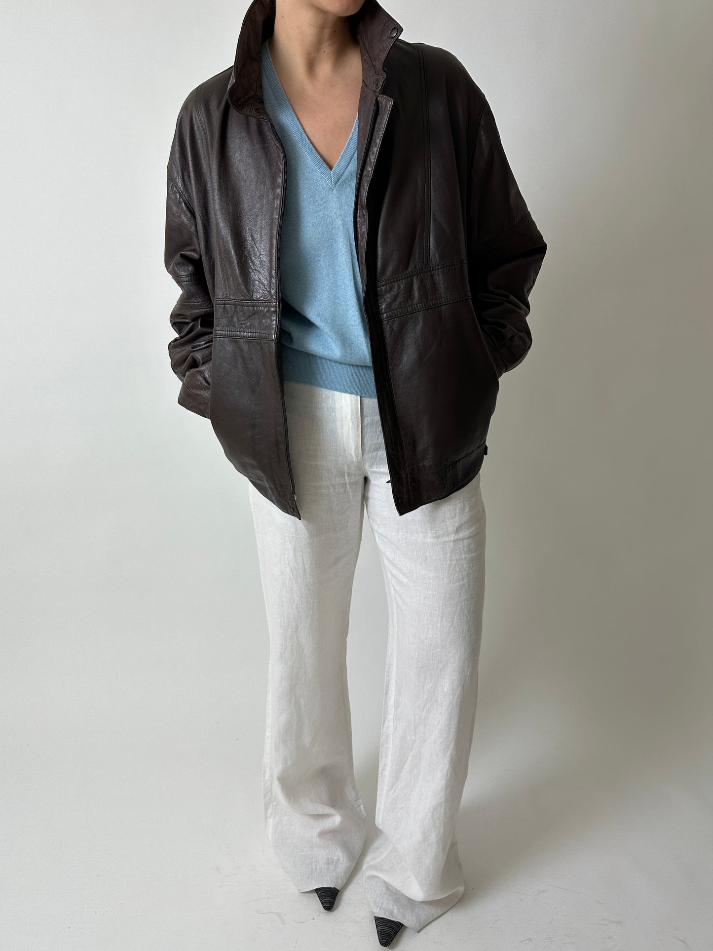 Leather bomber jacket | Dark brown