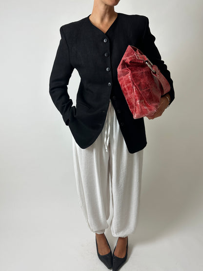 Collarless linen blend blazer | Black