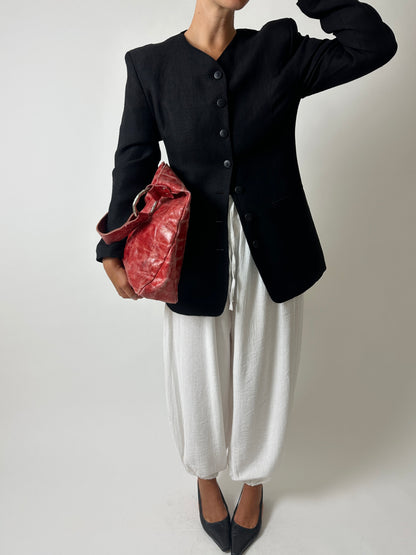 Collarless linen blend blazer | Black