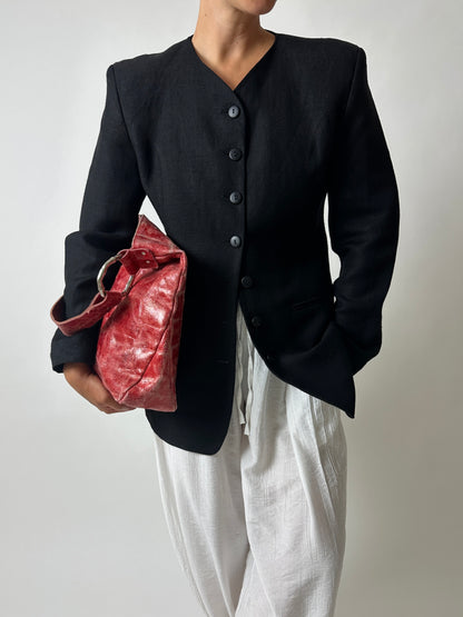 Collarless linen blend blazer | Black