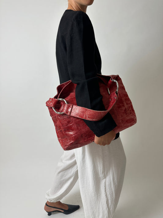 Leather tote bag | Bright red