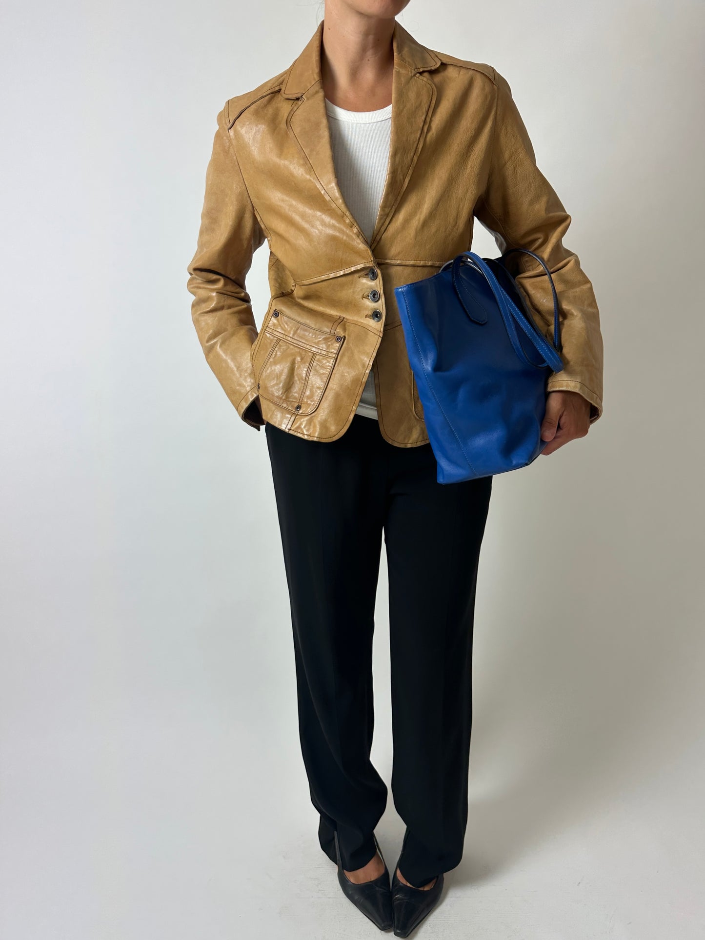 Leather fitted blazer | Caramel