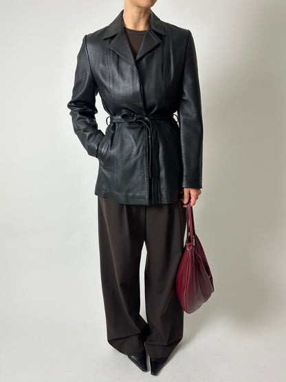 Belted leather jacket | Black