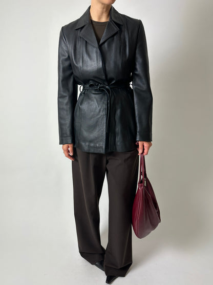 Belted leather jacket | Black
