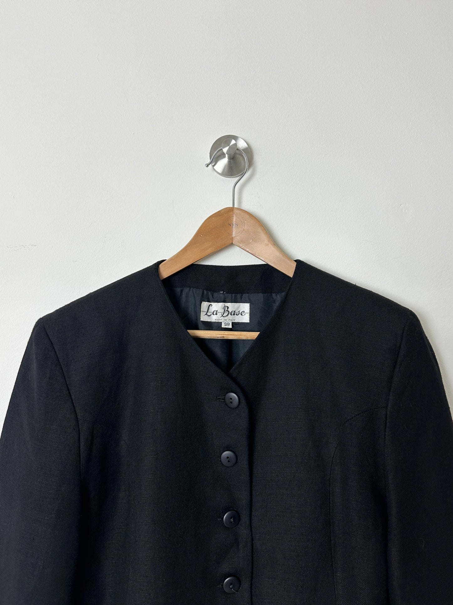 Collarless linen blend blazer | Black