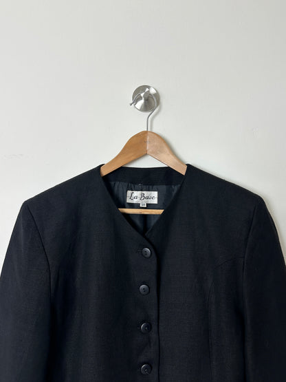Collarless linen blend blazer | Black