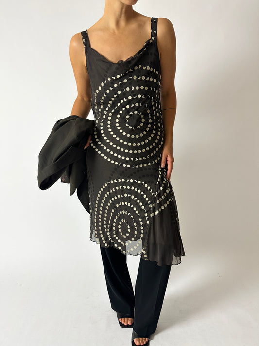 Draped sheer dress with dot pattern in dark brown 