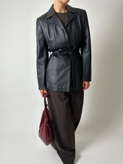 Belted leather jacket | Black