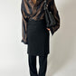 Wool pencil skirt in black, a curated vintage pieces with full lining and  worn with a vintage striped silk blouse in black and brown