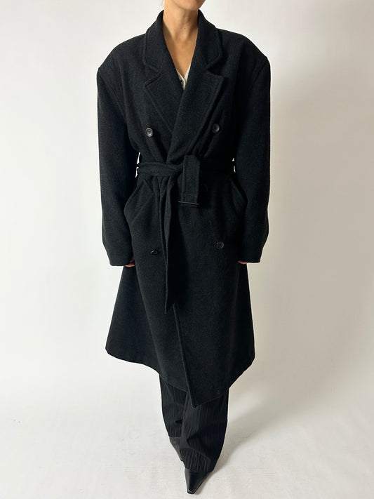 Vintage long wool belted coat in anthracite. A coat vintage timeless piece with oversized silhouette. Curated by NYN 