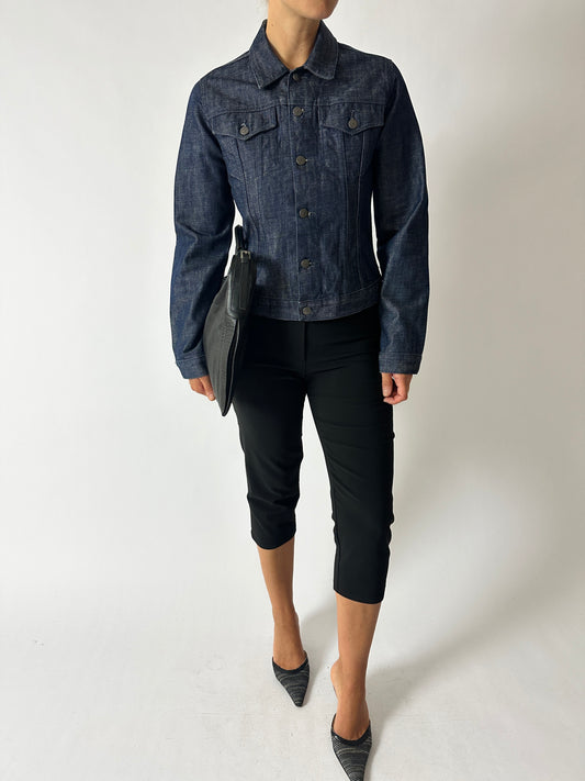 Vintage denim jacket in dark blue worn with a black capri and heeled mules. Curated by NYN