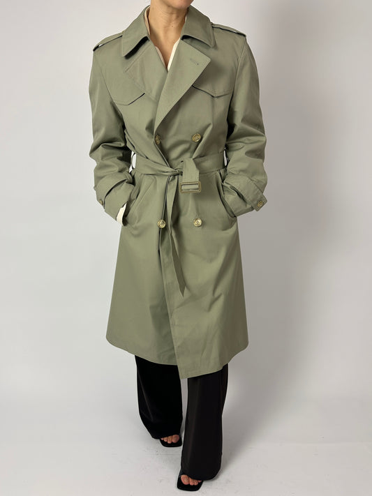 Vintage long trench coat in soft green minimalist style with classic features