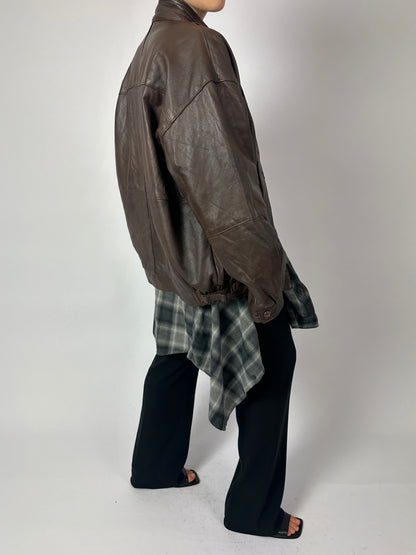 Leather bomber jacket | Dark brown