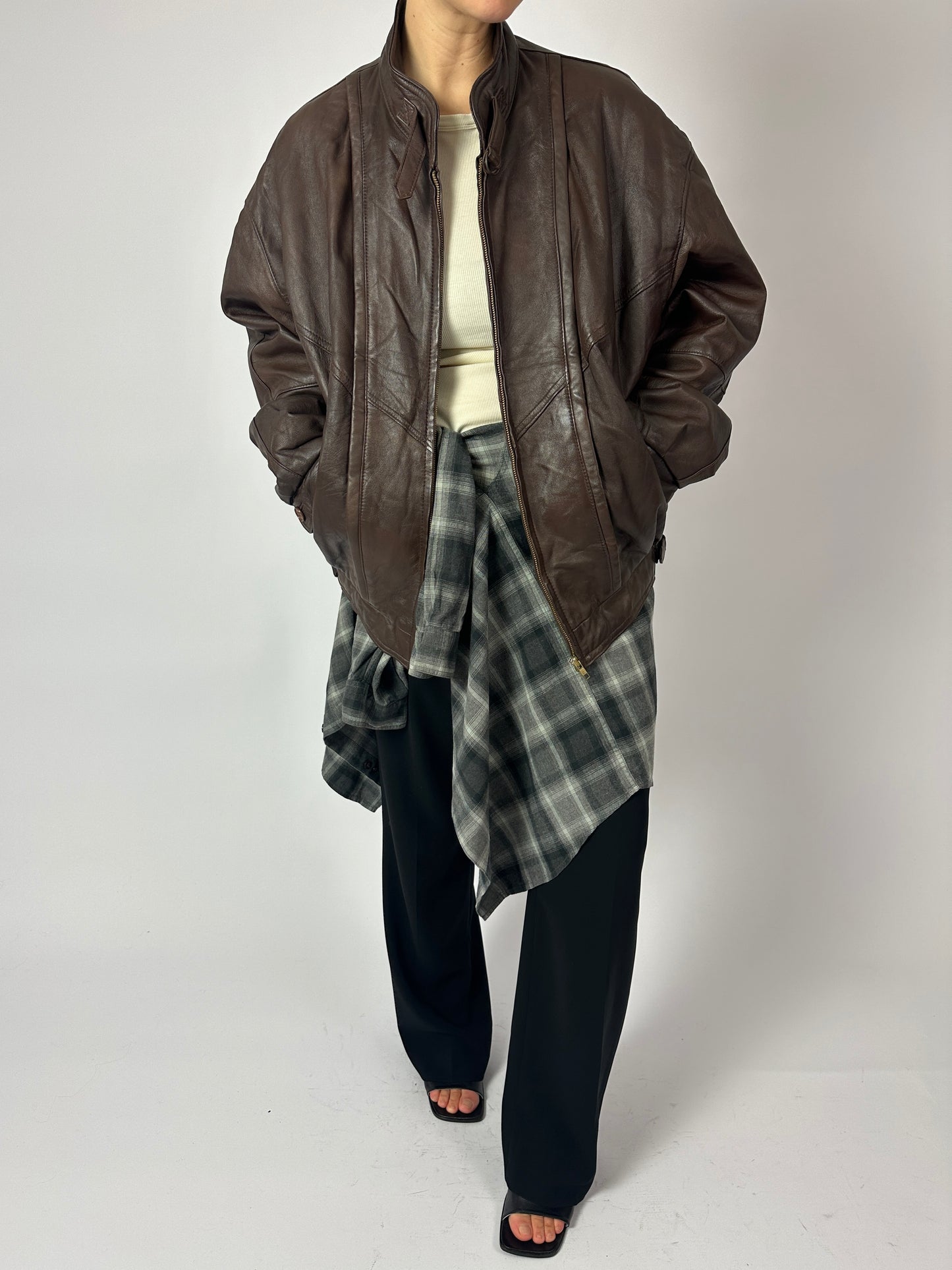 Leather bomber jacket | Dark brown