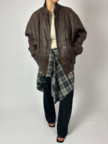 Leather bomber jacket | Dark brown