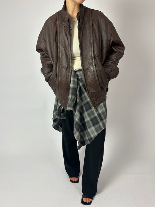 Leather bomber jacket | Dark brown