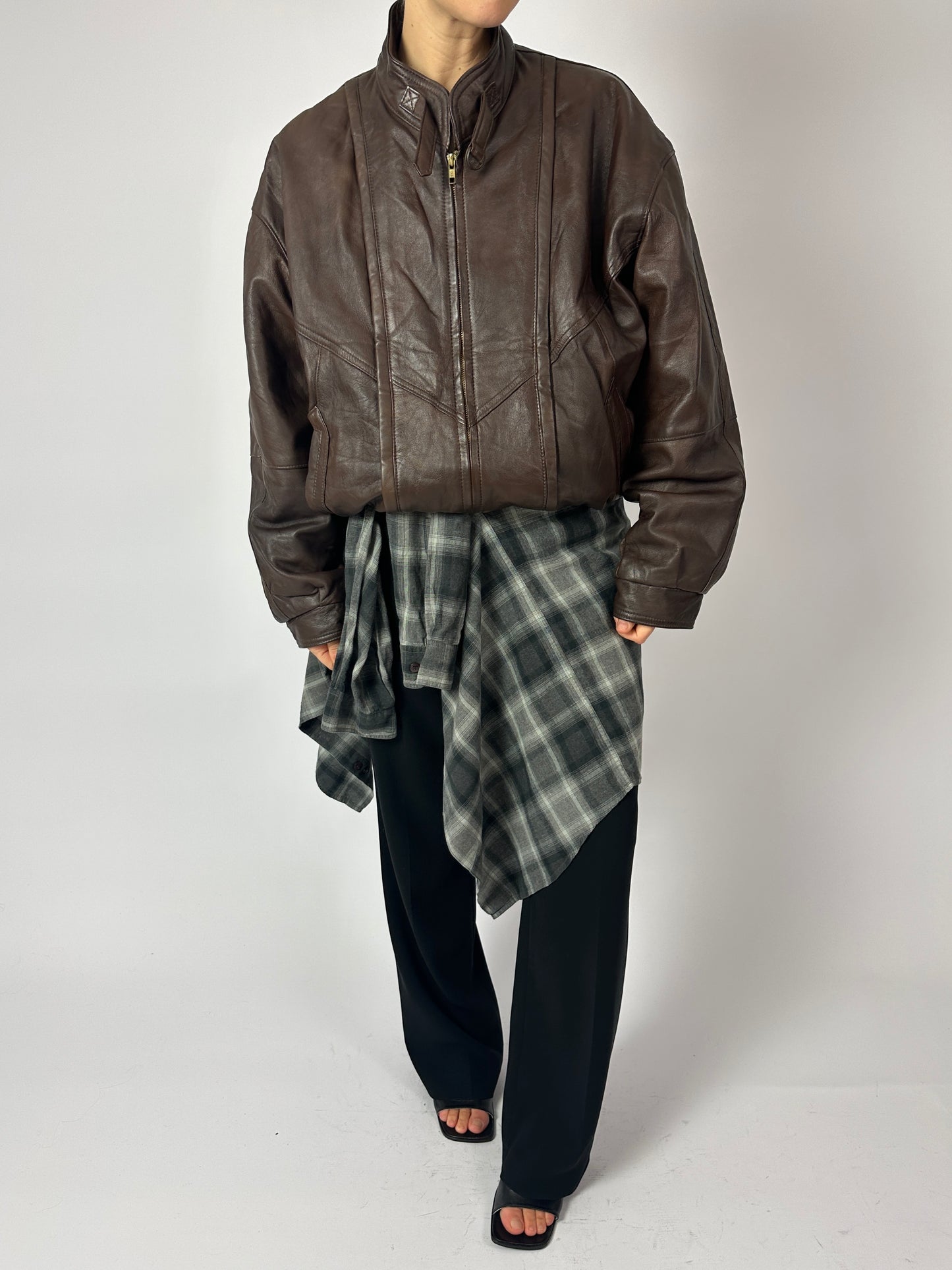 Leather bomber jacket | Dark brown