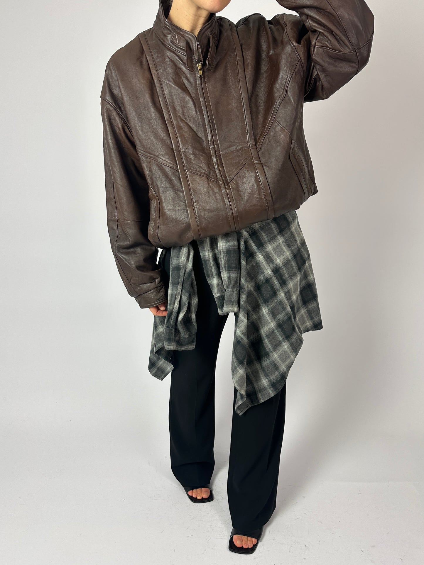 Leather bomber jacket | Dark brown