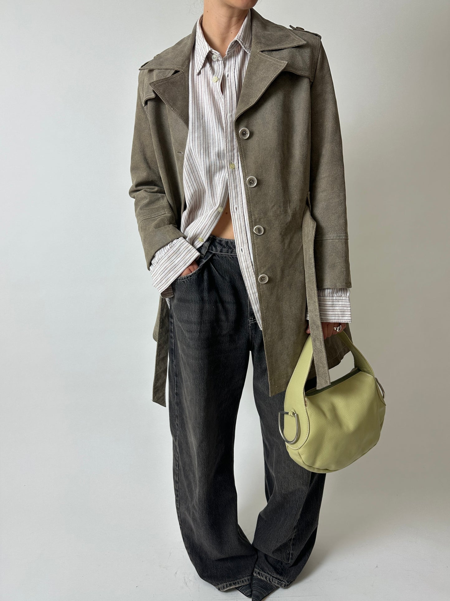 Leather belted coat | Beige / Grey