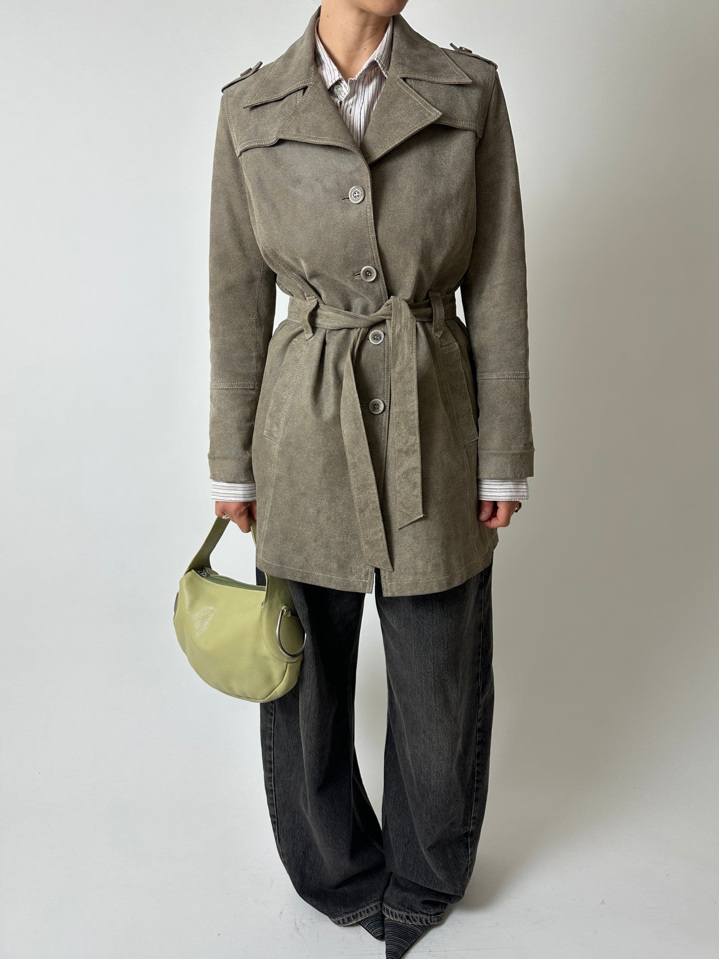 Leather belted coat | Beige / Grey