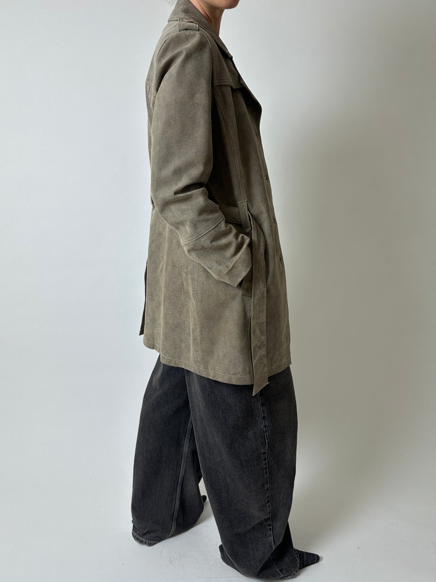 Leather belted coat | Beige / Grey