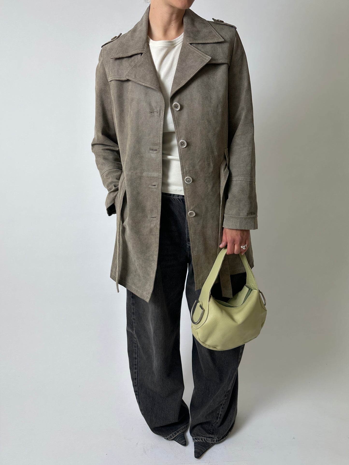 Leather belted coat | Beige / Grey