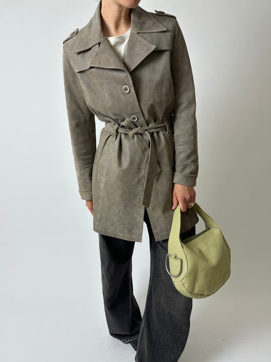 Leather belted coat | Beige / Grey