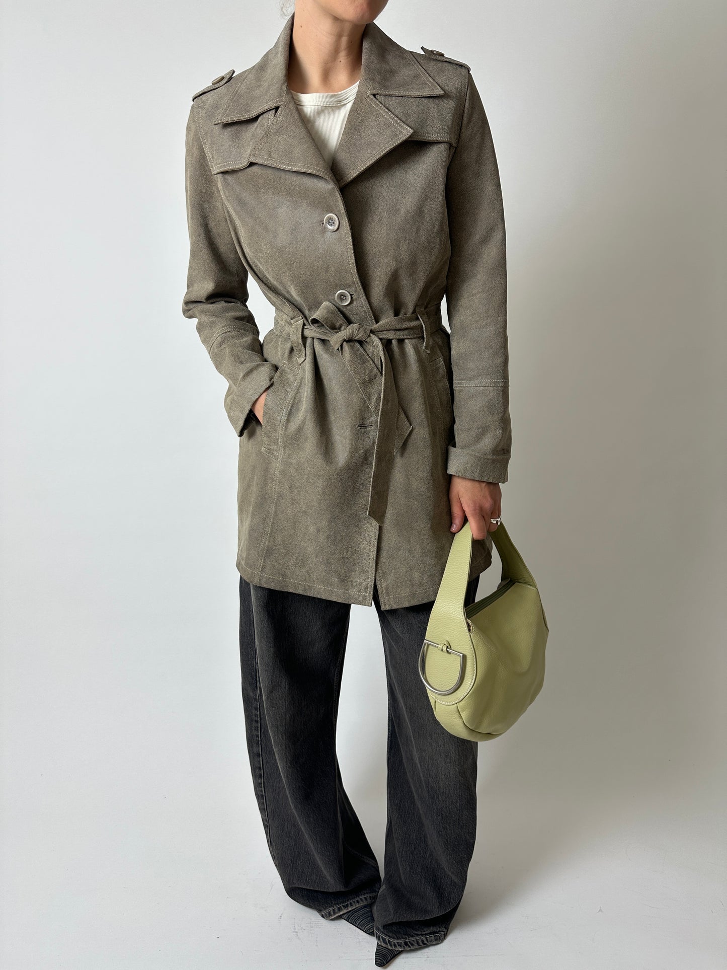 Leather belted coat | Beige / Grey