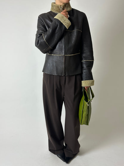 Fitted shearling jacket | Dark brown