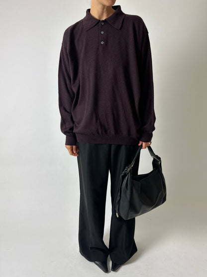 Wool blend knitted polo | Dark aubergine
