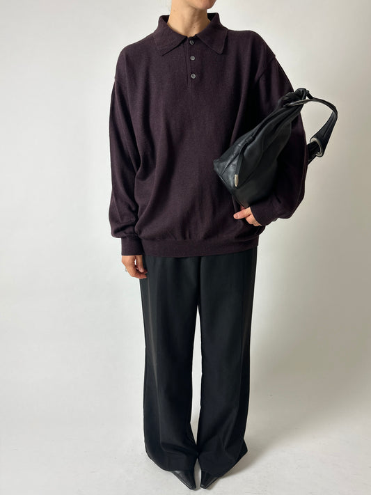 Wool blend knitted polo | Dark aubergine