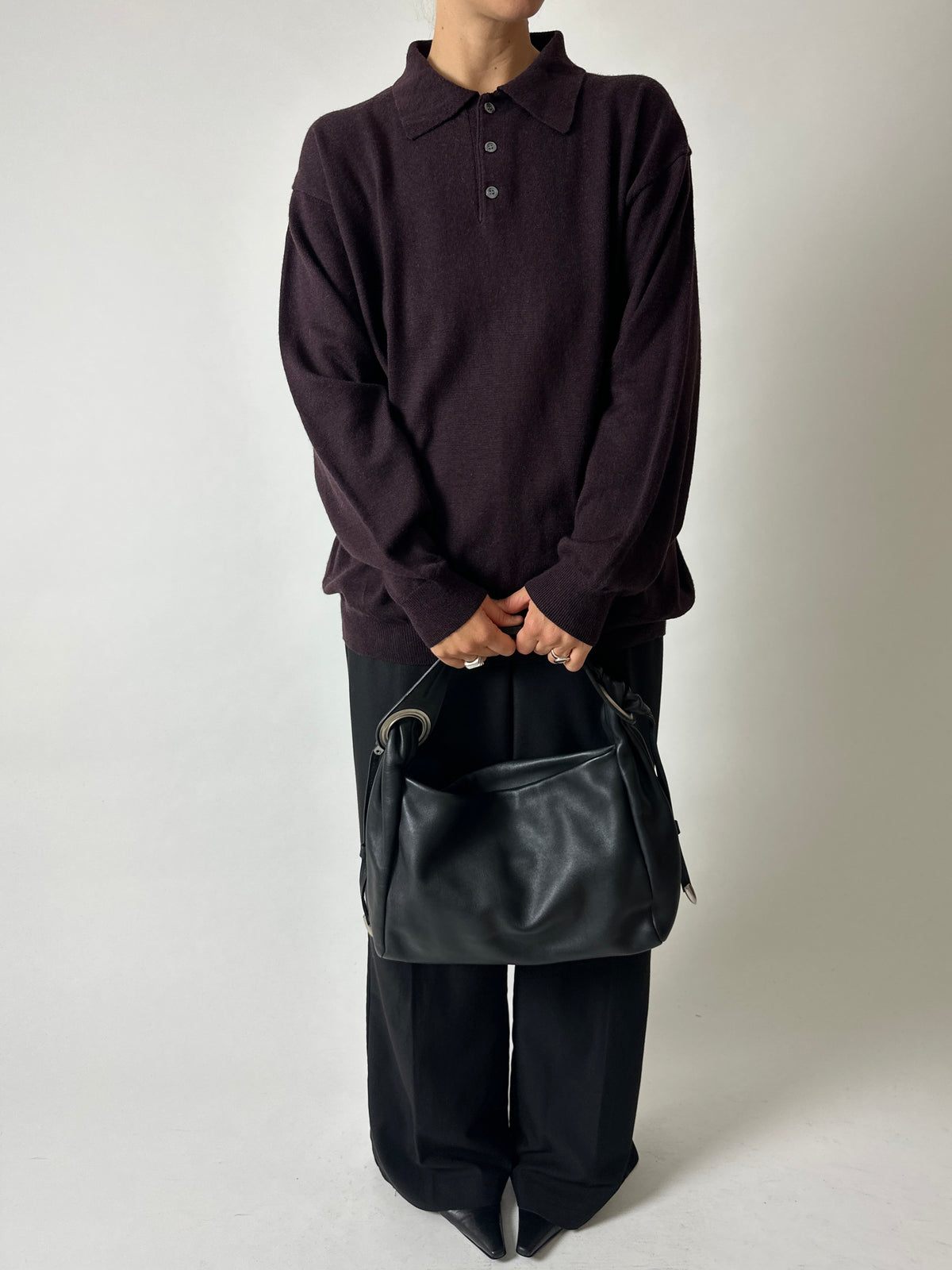 Wool blend knitted polo | Dark aubergine