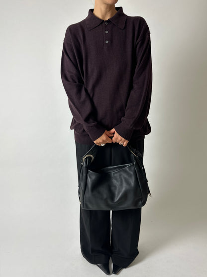 Wool blend knitted polo | Dark aubergine