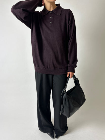 Wool blend knitted polo | Dark aubergine