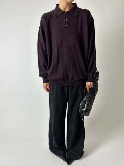 Wool blend knitted polo | Dark aubergine