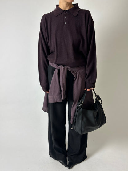 Wool blend knitted polo | Dark aubergine