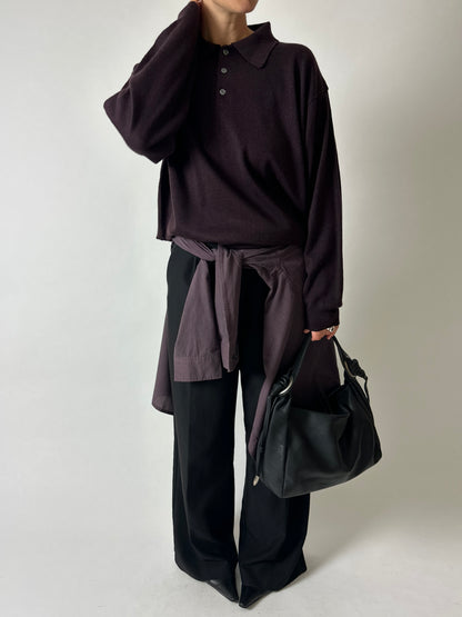 Wool blend knitted polo | Dark aubergine